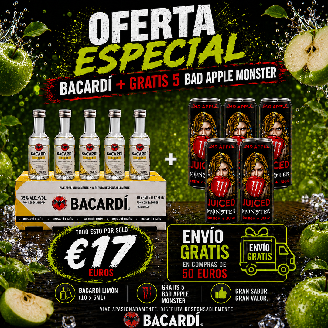 BACARDI Limón Rum – 10 x 5cl Mini Bottles + FREE 5 x Bad Apple Monster Energy Drinks