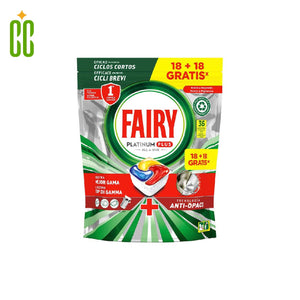 Fairy Platinum Plus Todo en Uno Pastillas Lavavajillas, (18 + 18 Capsulas) Limpieza Profunda y Extra Brillo, Fragancia Limon